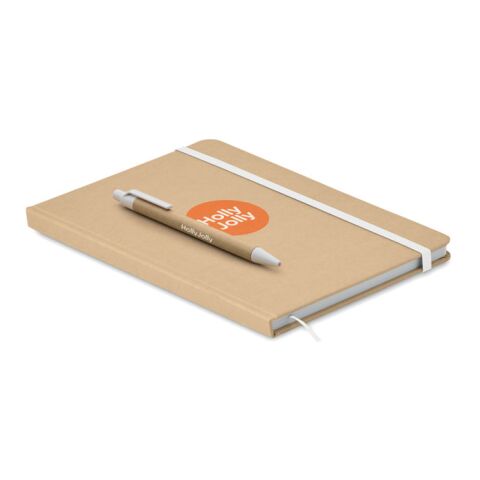 Mitarbeitergeschenk DIN A5 Notizbuch – weiß – mit Logo bedruckt nachhaltig liniert mit Stiftschlaufe und Recycling-Kugelschreiber
