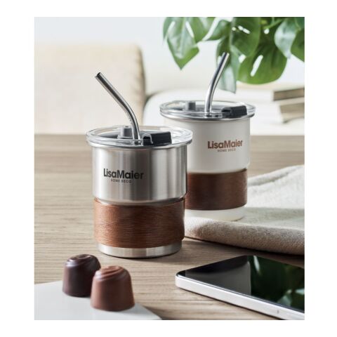 Werbeartikel 260 ml Becher aus recyceltem Edelstahl (90%), abnehmbarer Akazienholz-Griff & Edelstahl-Trinkhalm – transparent grau – mit Logo bedruckt