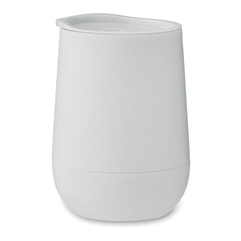 Werbeartikel 300 ml Becher doppelwandig aus PP mit Deckel inkl. Trinköffnung aus PS & ABS für Unterwegs & Events – weiß – mit Logo bedruckt