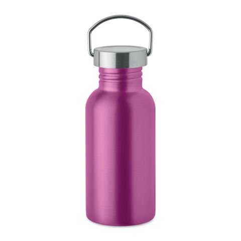 Werbeartikel Edelstahl Trinkflasche 500ml 90% Recycelt BPA-frei einwandig gummiertes Finish Silikonhenkel – fuchsia – mit Logo bedruckt