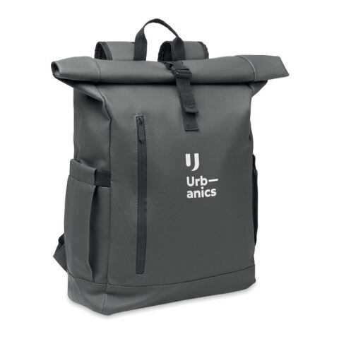 Werbeartikel Rolltop-Rucksack 600D RPET – dunkelgrau – mit Logo bedruckt