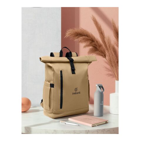 Werbeartikel Rolltop-Rucksack 600D RPET – khaki – mit Logo bedruckt