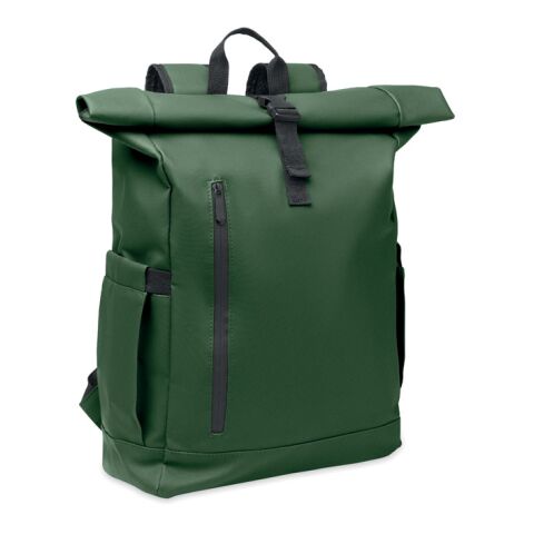 Werbeartikel Rolltop-Rucksack 600D RPET – dunkelgrün – mit Logo bedruckt