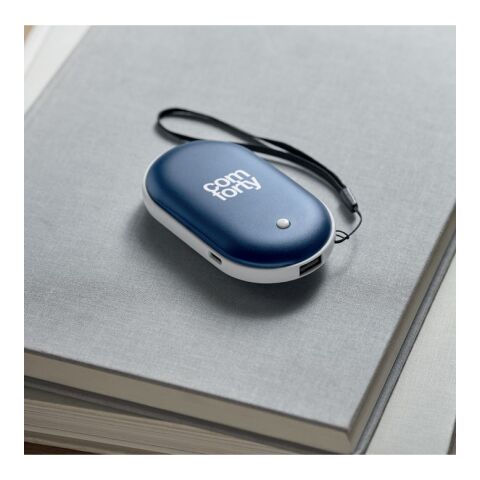 Werbeartikel Elektrischer Handwärmer – blau – mit Logo bedruckt 5000 mAh Powerbank 3 Heizstufen Aluminium