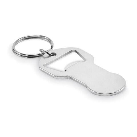 Firmengeschenk Metallschlüsselanhänger mit Kapselheber – silber – mit Gravur und Einkaufswagenlöser aus recyceltem Aluminium