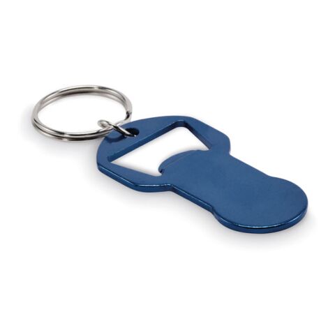 Werbegeschenk Metallschlüsselanhänger mit Kapselheber – marineblau – lasergraviert mit Einkaufswagenlöser aus recyceltem Aluminium