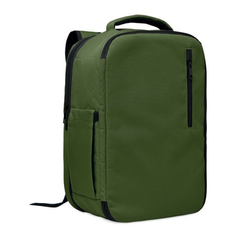 Werbeartikel Rucksack in Kabinengröße 600D rPET – dunkelgrün – mit Logo bedruckt für das Mitarbeiter-Onboarding für 15 Zoll Laptops