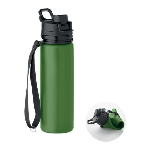 Werbeartikel Faltbare Silikon Sport Trinkflasche 500 ml PP-Deckel Trageschlaufe auslaufsicher BPA-frei – dunkelgrün – mit Logo bedruckt