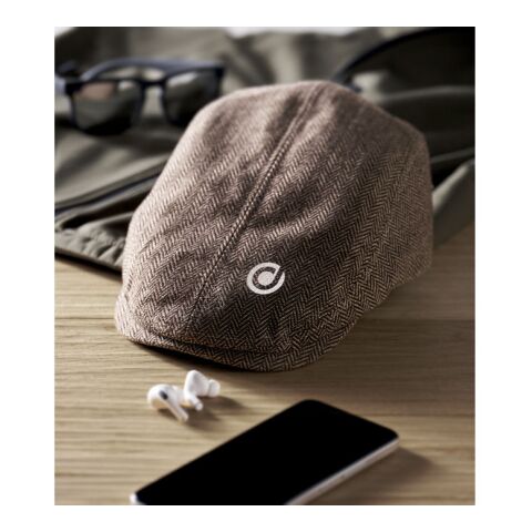 Werbeartikel Newsboy-Kappe 335 g/m² – khaki – mit Logodruck, aus meliertem Polyester, klassisches Baseball Cap für Marketing-Aktionen