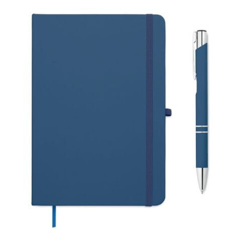Kundengeschenk DIN A5 Notizbuch – blau – mit Logo bedruckt 2-teilig mit Kugelschreiber aus recyceltem Material für Meetings