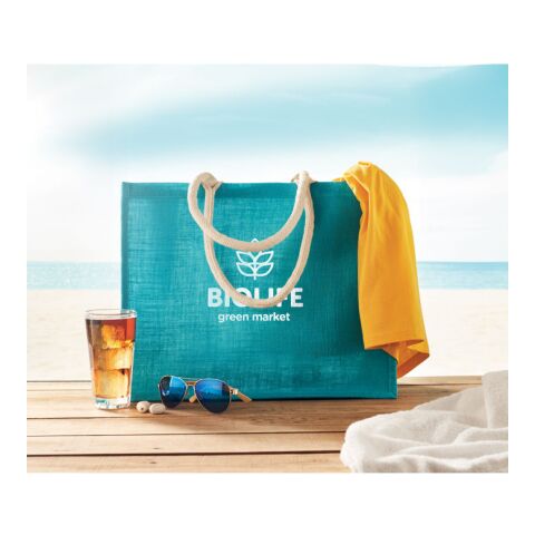 Werbeartikel Einkaufstasche Jute mit kurzen Baumwollgriffen – türkis – mit Logo bedruckt