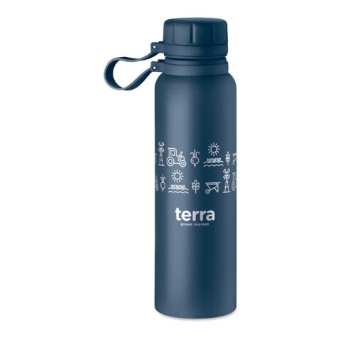 Werbeartikel 780 ml Isolierflasche Edelstahl doppelwandig mit auslaufsicherem Schraubverschluss & Silikonschlaufe – marineblau – mit Logo bedruckt