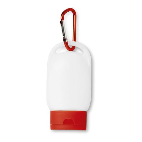 Werbeartikel Sonnencreme – rot – mit Logo bedruckt LSF 25 30ml mit Karabiner für Outdoor-Events und Sportveranstaltungen