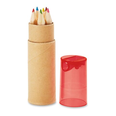 Werbeartikel 6-teiliges Buntstifte-Set mit Anspitzer | transparent rot | mit Logo bedrucken