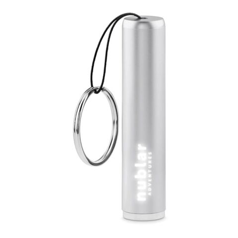 Werbeartikel LED Taschenlampe mit Schlüsselring – silber – mit Logo bedruckt