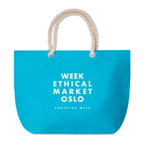 Werbeartikel Strandtasche mit Kordelgriff – türkis – mit Logo bedruckt