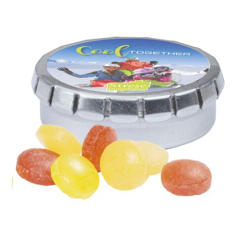 Streuartikel Quick Box Metall-Dose – bonbons – mit bedrucktem Etikett 19 g für die professionelle Kundenbindung bei Messen und Events