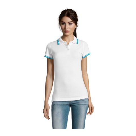Werbeartikel PASADENA Damen Polo 200g – white/aqua – L – mit Logo bedruckt