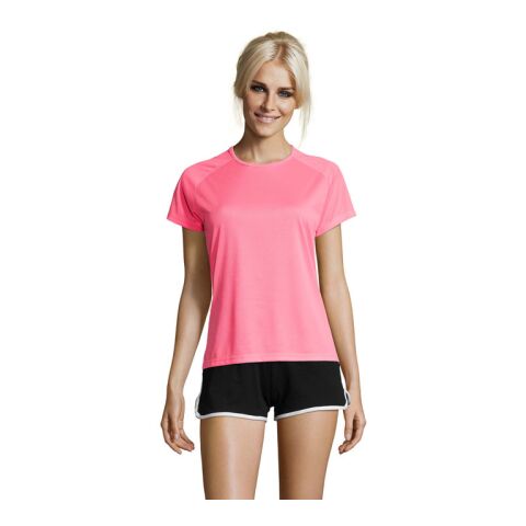 SPORTY DAMENT-SHIRT  140g neon rosa 2 | M | 1-farbiger Siebdruck | Vorderseite Brust | 100 mm x 100 mm | Nicht verfügbar