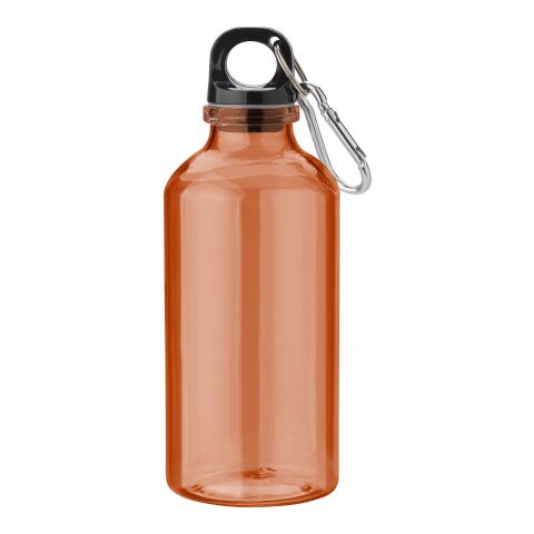 Werbeartikel RPET-Trinkflasche 400ml aus recyceltem Kunststoff mit Karabiner & Schlüsselring nachhaltig – Orange – mit Logo bedruckt
