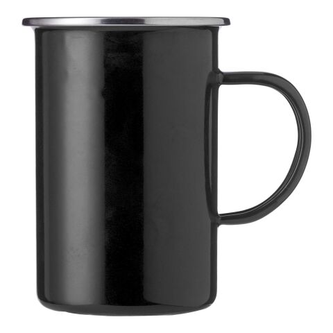 Werbeartikel 450 ml Emaille-Kaffeebecher Ayden im Retro-Look mit robustem Edelstahlrand & Geschenkbox – Schwarz – mit Logo bedruckt