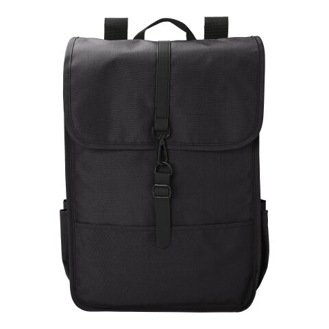 Werbeartikel RPET Polyester (300D) Rucksack mit Lasche Lyric – schwarz – mit Logo bedruckt