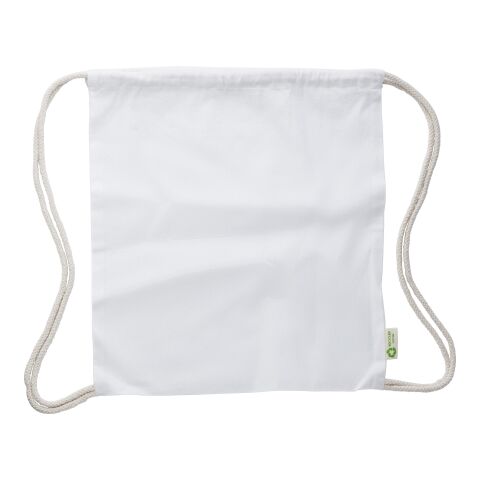 Werbeartikel Kordelzugtasche aus recycelter Baumwolle Joy – weiß – mit Logo bedruckt