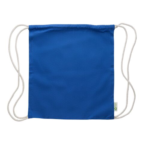 Werbeartikel Kordelzugtasche aus recycelter Baumwolle Joy – blau – mit Logo bedruckt