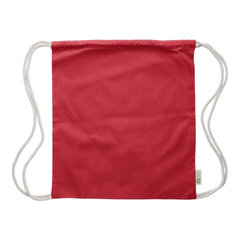 Werbeartikel Kordelzugtasche aus recycelter Baumwolle Joy – Rot – Turnbeutel / Sportbeutel mit Logo bedruckt