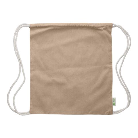 Werbeartikel Kordelzugtasche aus recycelter Baumwolle Joy – beige – mit Logo bedruckt