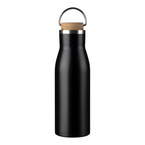 Werbeartikel Aline 500 ml Trinkflasche aus recyceltem Edelstahl mit Bambus-Deckel & Trageschlaufe inkl. RCS-Logo – schwarz – mit Logo bedruckt