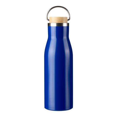 Werbeartikel Aline 500 ml Trinkflasche aus recyceltem Edelstahl mit Bambus-Deckel & Trageschlaufe inkl. RCS-Logo – blau – mit Logo bedruckt