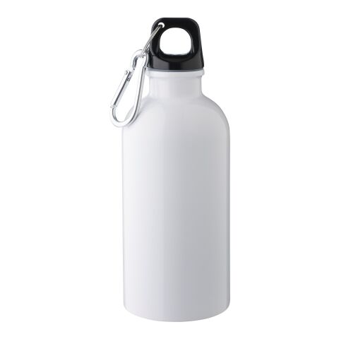 Werbeartikel Sable 400 ml Flasche aus recyceltem Edelstahl einwandig & ultraleicht mit Aluminiumkarabiner – weiß – mit Logo bedruckt
