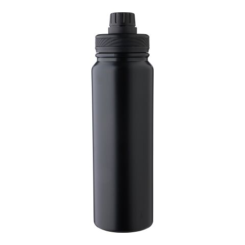 Werbeartikel Edelstahl Trinkflasche 800 ml Zinnia doppelwandig mit Magnet-Handyhalter Tragegriff BPA-frei – schwarz – mit Logo bedruckt
