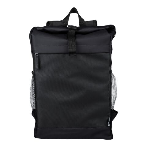 Werbeartikel rPET-Polyester (600D) Rolltop-Rucksack Yani – schwarz – mit Logo bedruckt