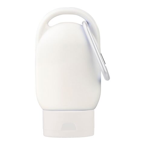 Werbeartikel Sonnenschutzlotion Luka – weiß – mit bedrucktem Etikett LSF 30 30ml Tube mit Karabiner für Strand-Promotions