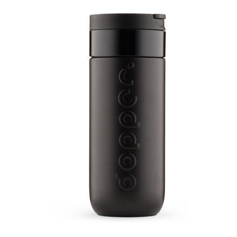 Werbeartikel Dopper 400 ml Thermobecher Reisebecher aus Recycling-Stahl hält 20h kalt & 6h heiß kohlensäuregeeignet – schwarz – mit Logo bedruckt