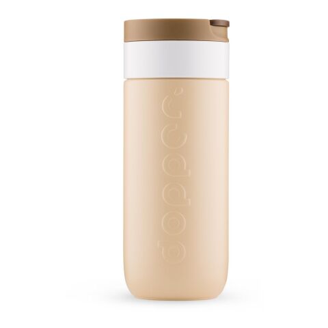 Werbeartikel Dopper 400 ml Thermobecher Reisebecher aus Recycling-Stahl hält 20h kalt & 6h heiß kohlensäuregeeignet – Erdiges Braun – mit Logo