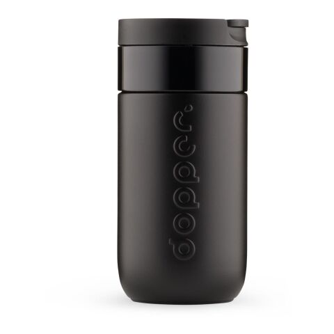 Werbeartikel Dopper 300 ml Reisebecher aus 90% Recycling-Stahl hält 6h heiß & 20h kalt nachhaltig & auslaufsicher – schwarz – mit Logo bedruckt