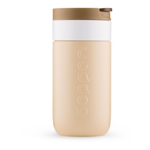 Werbeartikel Dopper 300 ml Reisebecher aus 90% Recycling-Stahl hält 6h heiß & 20h kalt nachhaltig & auslaufsicher – Erdiges Braun – mit Logo bedruckt