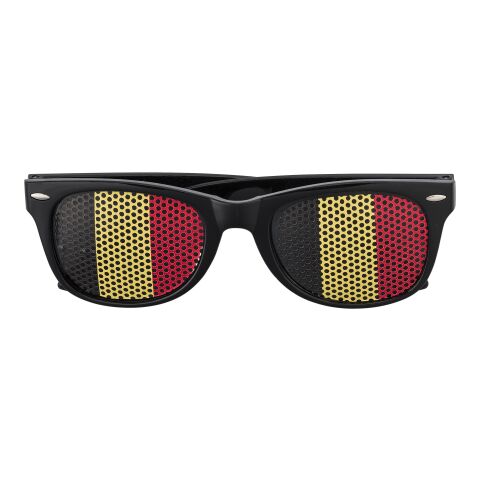 Werbeartikel Belgien Fan-Sonnenbrille UV400-Schutz Plexiglas Flaggen-Design auf Gläsern für Fußball-WM & Sommer-Events – schwarz– mit Logo bedruckt