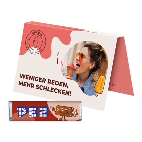 Streuartikel PEZ Werbekarte Visitenkartenformat – süßes bonbon – mit individuell bedrucktem Etikett als Werbegeschenk für Kunden und Partner