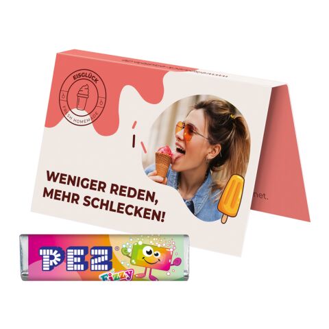Streuartikel PEZ Werbekarte Visitenkartenformat – mit süßen bonbons – mit bedrucktem Etikett als hochwertiges Werbemittel für Geschäftskunden