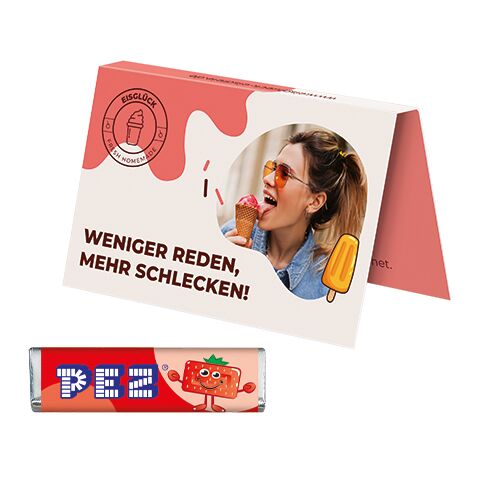 Werbekarte Visitenkartenformat 4c Euroskala | 1 PEZ Bonbonriegel, Erdbeere