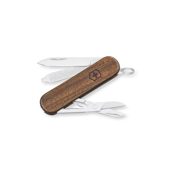 Firmengeschenk Classic SD Wood Taschenmesser mit Logodruck – 5 Funktionen aus Nussbaum – exklusives Schweizer Werkzeug für das Büro