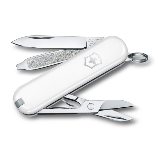 Firmengeschenk Victorinox Classic SD mit Logodruck – Weiß – Schweizer Multitool mit 7 Funktionen für Büro und Business