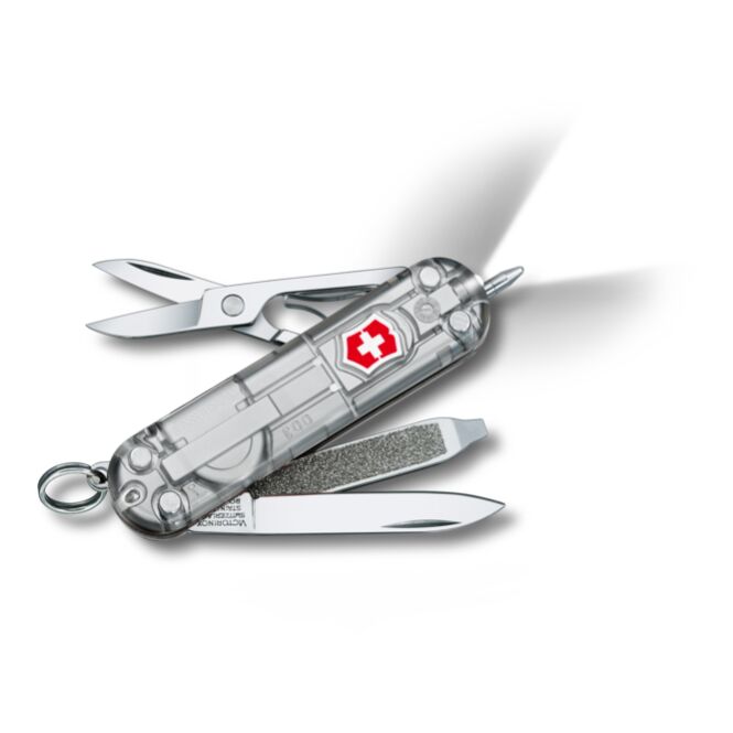 Firmengeschenk Victorinox Signature Lite mit Logodruck – Transparent – multifunktionales Taschenmesser mit LED für das Büro