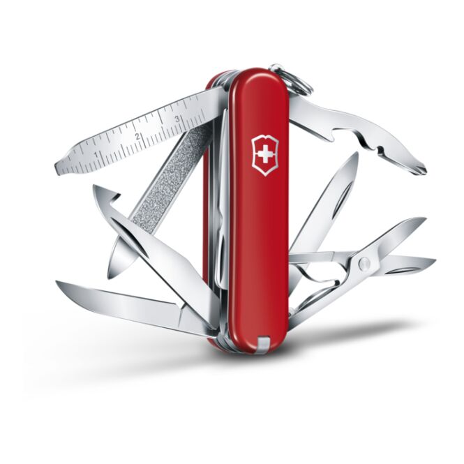 Premium-Werbegeschenk Mini Champ mit Logodruck – 18 Funktionen – Rot – kompaktes Multifunktionswerkzeug für Firmenkunden