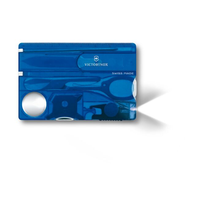 Mitarbeitergeschenk Multitool Victorinox Swiss Card – blau – mit Logo bedruckt inkl. LED-Licht und 13 Werkzeugen