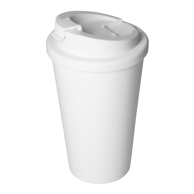 Firmengeschenk Kaffeebecher Premium Deluxe – weiß – mit Logodruck 350 ml für die Büroküche
